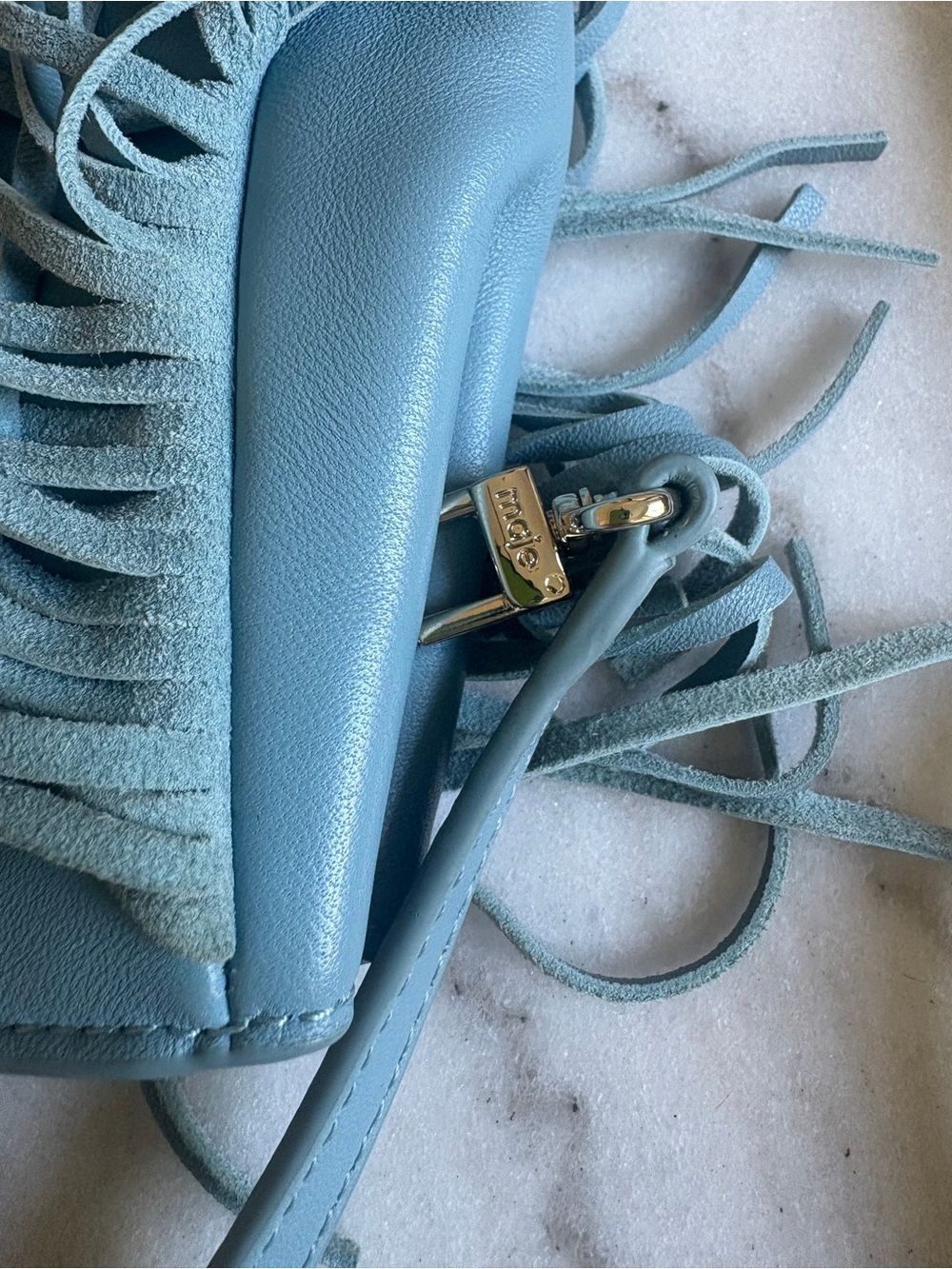 Maje M Bag - Light Blue Fringe Leather Clutch or Crossbody - Picture 10 of 13